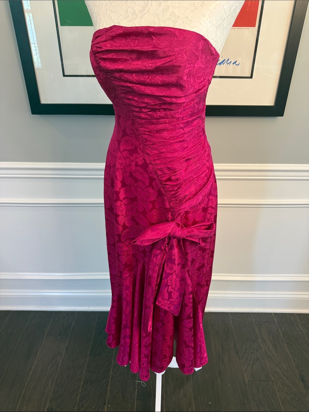 Vintage TD4 by Eletra Hot Pink Floral Jacquard Strapless Formal Dress 7/8